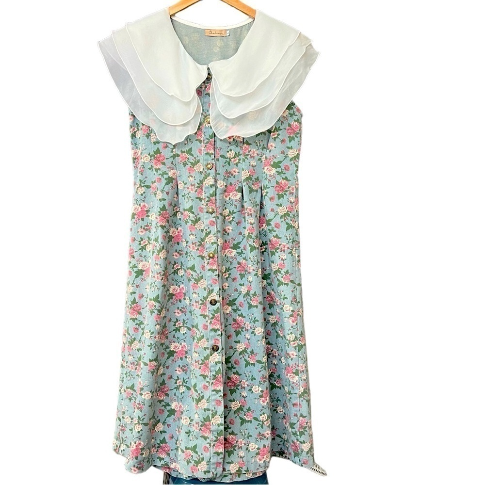 Chaline Studio Mesh Peter Pan Collar Floral Rose Pleated  Denim Midi Dress Sz L